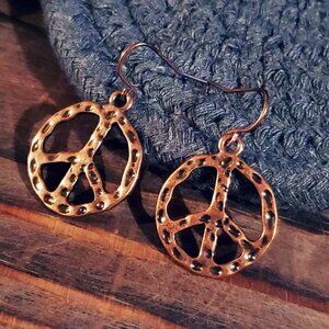 Rustic Antique Copper Hammered Look Peace Sign Earrings